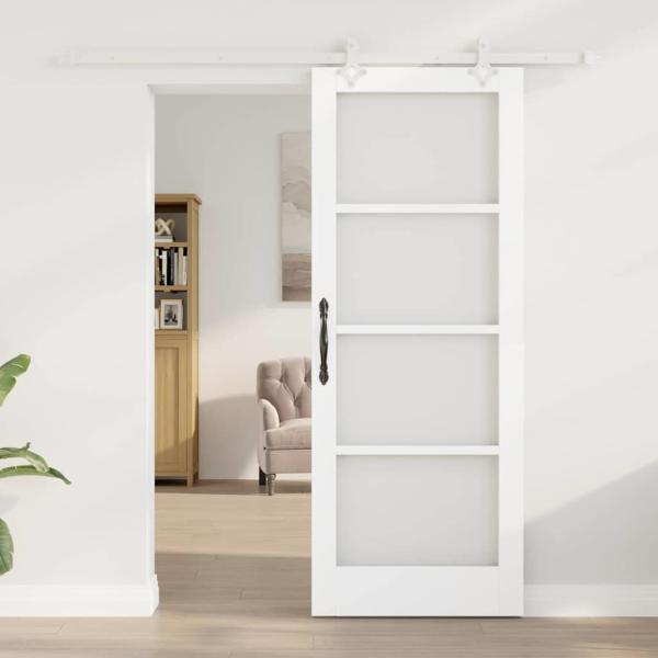 Schiebetür mit Hardwareset Weiß 78x202 cm Aus massivem Kiefernholz, Innentür mit Glas "ORKDAL" Weiß 78x202x4 cm
