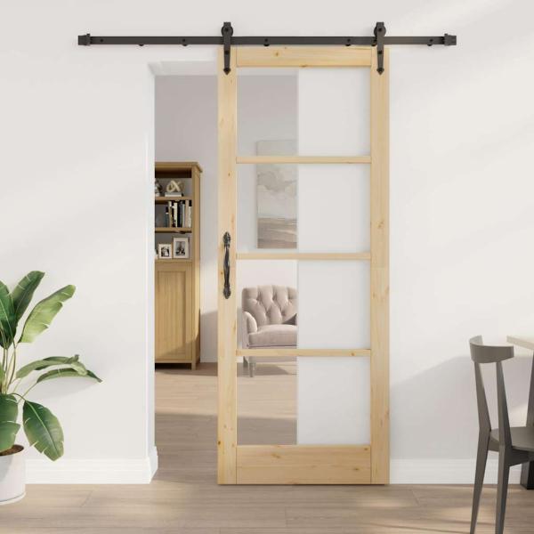 ARDEBO.de - Schiebetür mit Beschläge Set 83x211 cm Massivholz Kiefer, Innentür mit Glas 'ORKDAL'83x211x4 cm Massivholz Kiefer