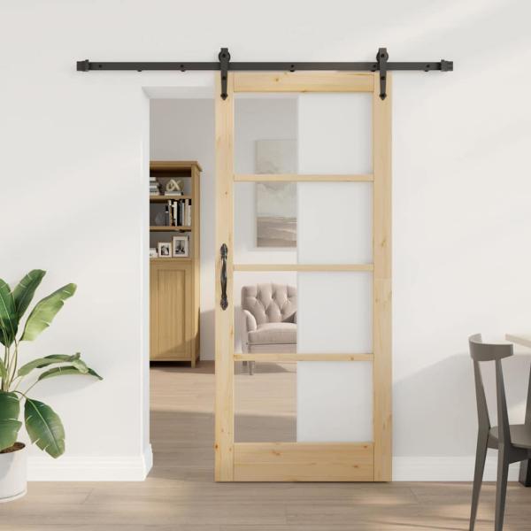 ARDEBO.de - Schiebetür mit Beschlägen Set 86x198,5 cm aus massivem Kiefernholz, Innentür mit Glas 'ORKDAL'86x198,5x4 cm aus massivem Kiefernholz