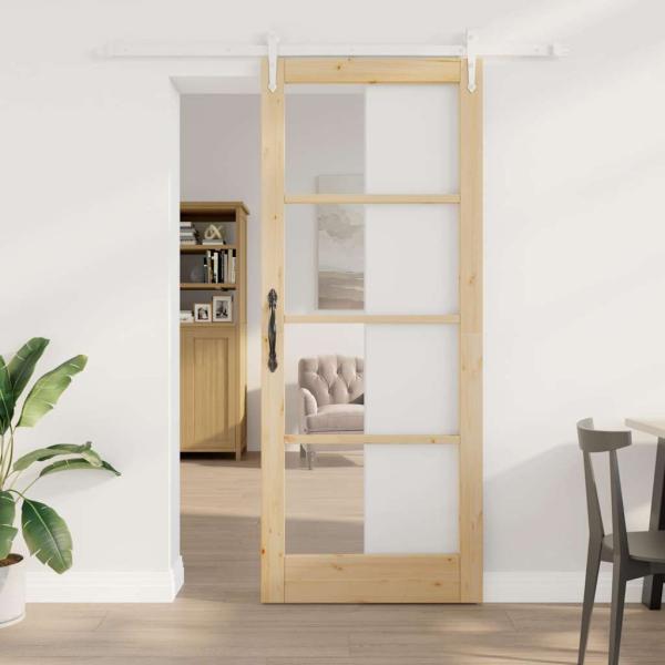 ARDEBO.de - Schiebetür mit Beschlägen Set 86x211 cm Massivholz Kiefer, Innentür mit Glas 'ORKDAL'86x211x4 cm Massivholz Kiefer