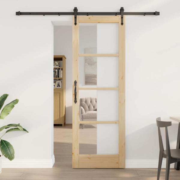 ARDEBO.de - Schiebetür mit Zubehör Set 73,5x211 cm Massivholz Kiefer, Innentür mit Glas 'ORKDAL'73,5x211x4 cm Massivholz Kiefer