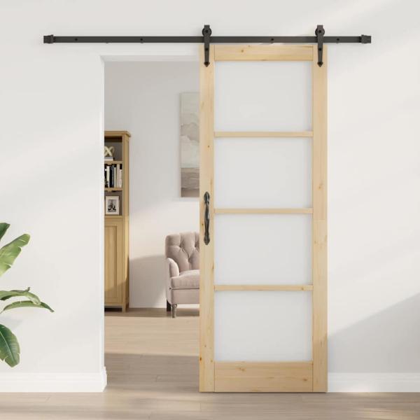 Schiebetür mit Hardware-Set 78x211 cm aus massivem Kiefernholz, Innentür mit Glas 'ORKDAL'78x211x4 cm aus massivem Kiefernholz