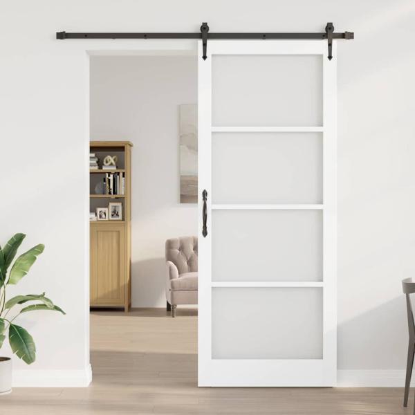 Schiebetür mit Beschlägen Set Weiß 93x232 cm Massivholz Kiefer, Innentür mit Glas 'ORKDAL'Weiß 93x232x4 cm