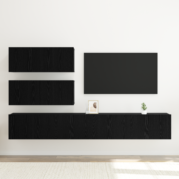 6-teiliges TV-Schrank Set wandmontiertes schwarzes Eichenholz Spielholz