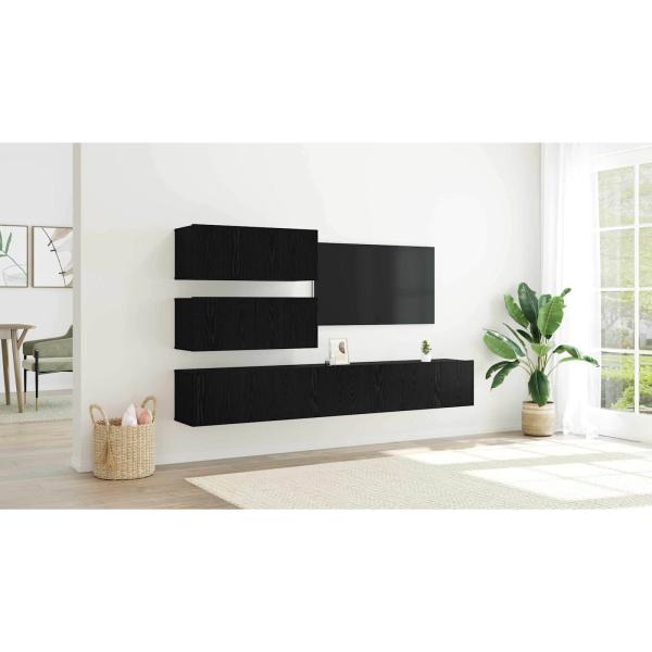 6-teiliges TV-Schrank Set wandmontiertes schwarzes Eichenholz Spielholz