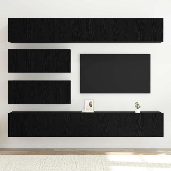 6-teiliges TV-Schrank Set wandmontiertes schwarzes Eichenholz Spielholz