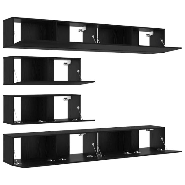6-teiliges TV-Schrank Set wandmontiertes schwarzes Eichenholz Spielholz