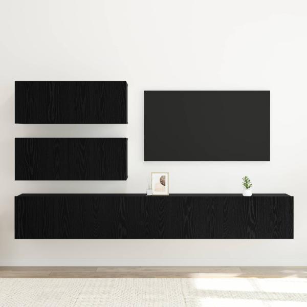 6-teiliges TV-Schrank Set wandmontiertes schwarzes Eichenholz Spielholz