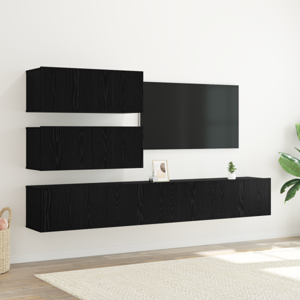 6-teiliges TV-Schrank Set wandmontiertes schwarzes Eichenholz Spielholz