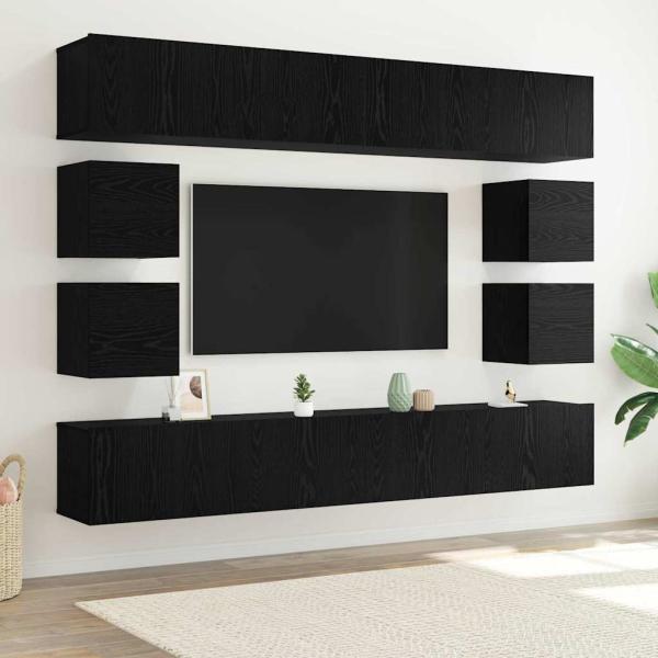 ARDEBO.de - 8-teiliges TV-Schranksystem Wandmontiert Schwarze Eiche Holzwerkstoff, Wandmontierte TV-Schränke 2 Stück Schwarze Eiche 30,5x30x30 cm, TV-Schränke 2 Stück Schwarze Eiche 100x30x30 cm Holzwerkstoff