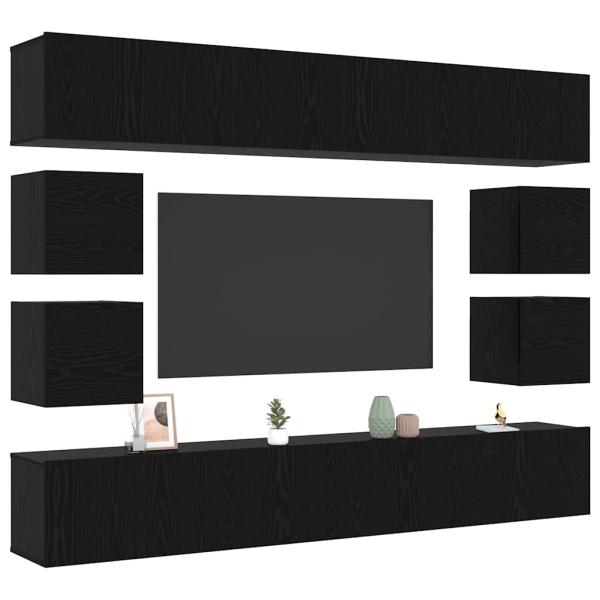 8-teiliges TV-Schranksystem Wandmontiert Schwarze Eiche Holzwerkstoff, Wandmontierte TV-Schränke 2 Stück Schwarze Eiche 30,5x30x30 cm, TV-Schränke 2 Stück Schwarze Eiche 100x30x30 cm Holzwerkstoff