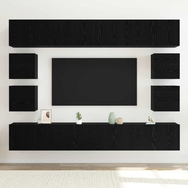 8-teiliges TV-Schranksystem Wandmontiert Schwarze Eiche Holzwerkstoff, Wandmontierte TV-Schränke 2 Stück Schwarze Eiche 30,5x30x30 cm, TV-Schränke 2 Stück Schwarze Eiche 100x30x30 cm Holzwerkstoff