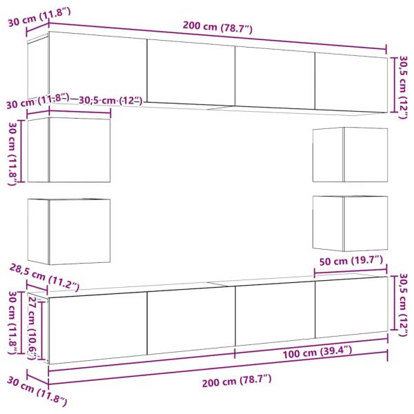 8-teiliges TV-Schranksystem Wandmontiert Schwarze Eiche Holzwerkstoff, Wandmontierte TV-Schränke 2 Stück Schwarze Eiche 30,5x30x30 cm, TV-Schränke 2 Stück Schwarze Eiche 100x30x30 cm Holzwerkstoff