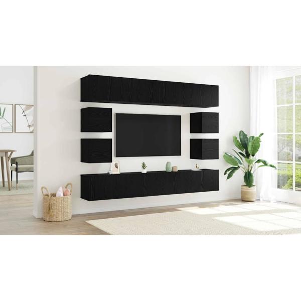 8-teiliges TV-Schranksystem Wandmontiert Schwarze Eiche Holzwerkstoff, Wandmontierte TV-Schränke 2 Stück Schwarze Eiche 30,5x30x30 cm, TV-Schränke 2 Stück Schwarze Eiche 100x30x30 cm Holzwerkstoff