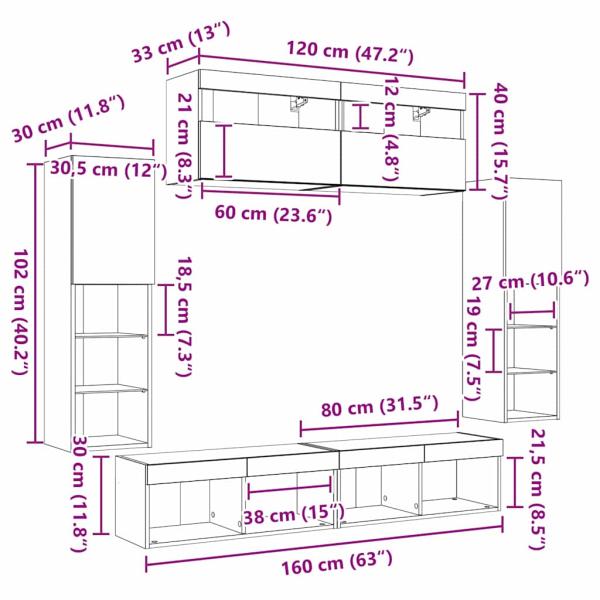 TV-Wandeinheiten mit LED-Lichtern 2 Stück Artisan Eiche 80x30x30 cm, TV-Wandeinheiten mit LED-Lichtern 2 Stück Artisan Eiche 60x30x40 cm