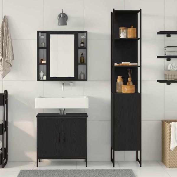 Waschbecken Schrank schwarze Eiche 60x30x60 cm Holzwerkstoff, Badezimmer Schrank schwarze Eiche 33x33x185,5 cm Holzwerkstoff