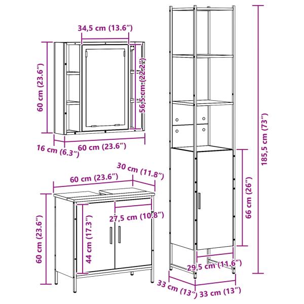Waschbecken Schrank schwarze Eiche 60x30x60 cm Holzwerkstoff, Badezimmer Schrank schwarze Eiche 33x33x185,5 cm Holzwerkstoff