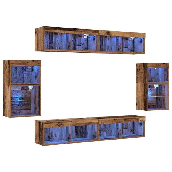 Wandregal 2 Stück Alter Holz 40x28.5x40 cm Holzwerkstoff, Wandschränke mit LED-Lichtern 2 Stück Alter Holz 40x30x30 cm, TV-Wandschränke mit LED-Lichtern 2 Stück Alter Holz 80x30x30 cm