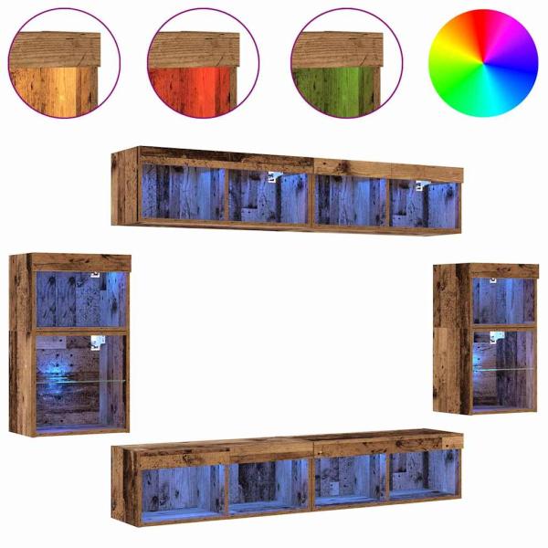 Wandregal 2 Stück Alter Holz 40x28.5x40 cm Holzwerkstoff, Wandschränke mit LED-Lichtern 2 Stück Alter Holz 40x30x30 cm, TV-Wandschränke mit LED-Lichtern 2 Stück Alter Holz 80x30x30 cm