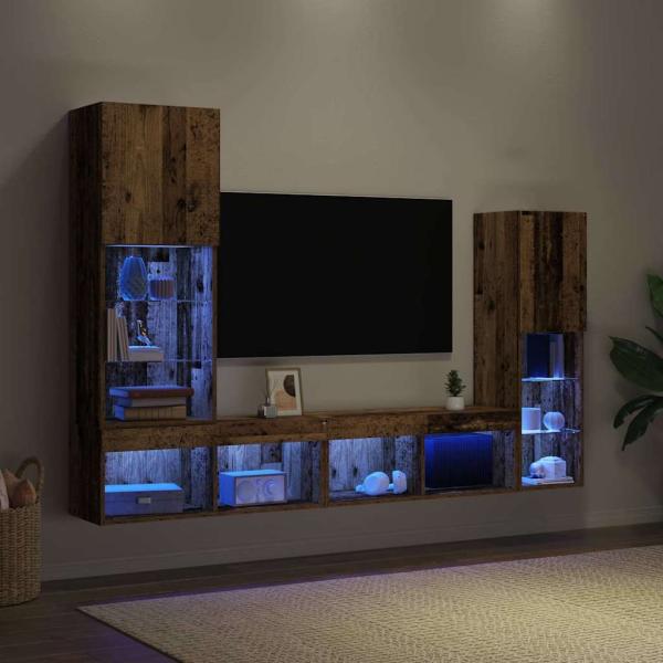 TV-Schrank mit LED-Lichtern Alte Holz 40,5x30x102 cm, TV-Wandschränke mit LED-Lichtern 2 Stk Alte Holz 80x30x30 cm