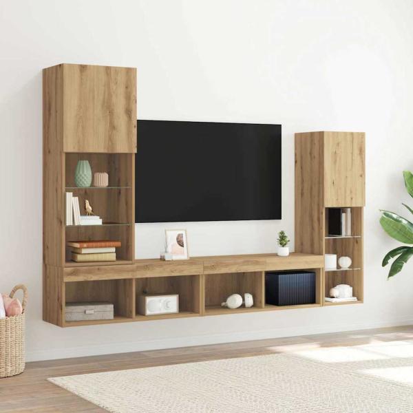 TV Schrank mit LED Lichtern Artisan Eiche 40,5x30x102 cm, TV Wandschränke mit LED Lichtern 2 Stück Artisan Eiche 80x30x30 cm