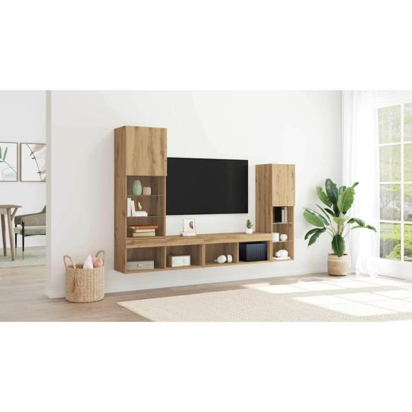 TV Schrank mit LED Lichtern Artisan Eiche 40,5x30x102 cm, TV Wandschränke mit LED Lichtern 2 Stück Artisan Eiche 80x30x30 cm