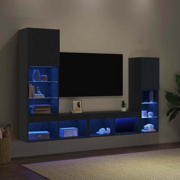 LED TV Schrank Schwarz Eiche 30.5x30x102 cm Technikholz, TV Schrank mit LED-Lichtern Schwarz Eiche 40.5x30x102 cm, TV Wandschränke mit LED-Lichtern 2 Stück Schwarz Eiche 80x30x30 cm