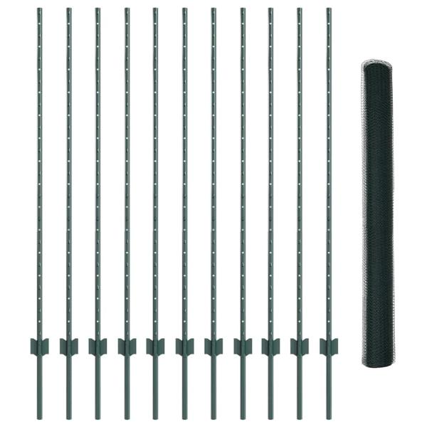 Zaunpfosten 11 Stück U-Kanal Grün 140 cm Stahl, Sechseckzaun Grün 1,4x25 m Stahl