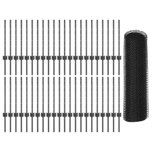 Zaunpfosten 11 Stk U-Kanal Grau 60 cm Stahl, Sechseckzaun Grau 0.6x100 m Stahl