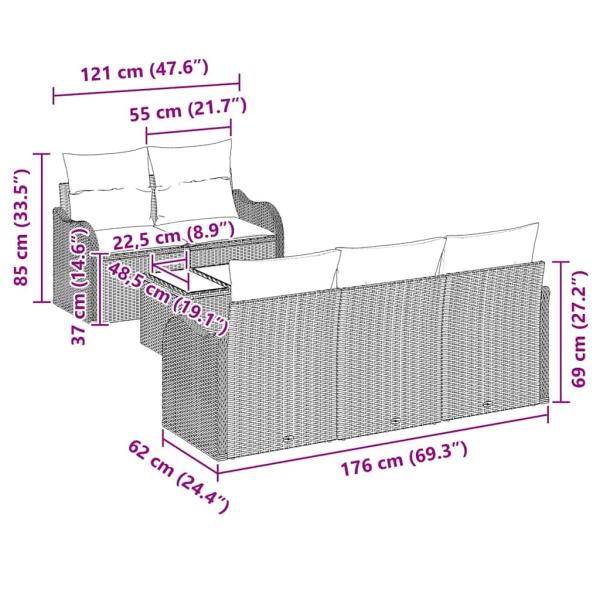 6-teiliges Garten-Sofa-Set mit Kissen Grau Poly-Rattan, 2-Sitzer Garten-Sofa mit Kissen Grau Poly-Rattan