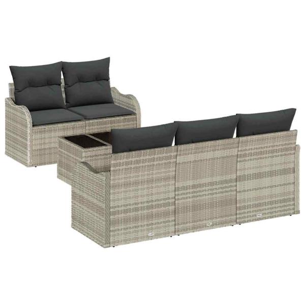 6-teiliges Garten Sofa Set mit Kissen Hellgrau Poly Rattan, 2-Sitzer Garten Sofa mit Kissen Hellgrau Poly Rattan