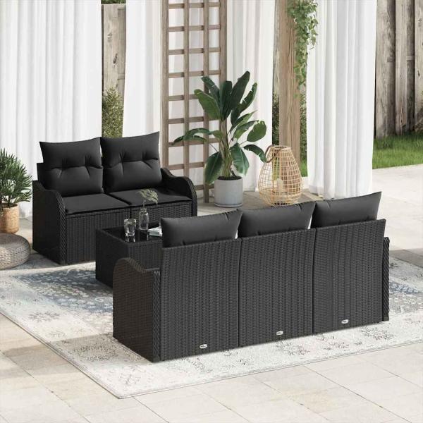 ARDEBO.de - 6-teiliges Gartensofa-Set mit Kissen Schwarz Poly Rattan, 2-Sitzer Gartensofa mit Kissen Schwarz Poly Rattan