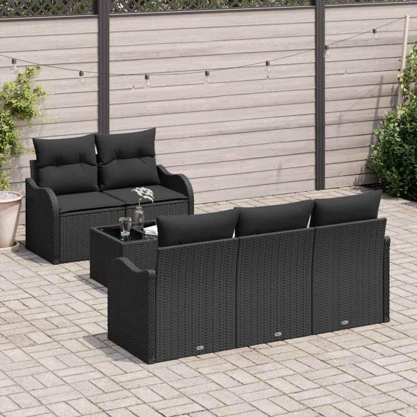 6-teiliges Gartensofa-Set mit Kissen Schwarz Poly Rattan, 2-Sitzer Gartensofa mit Kissen Schwarz Poly Rattan