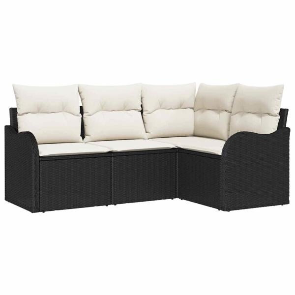 4-teiliges Garten Sofa Set mit Kissen Schwarz Poly Rattan, 2-Sitzer Garten Sofa mit Kissen Schwarz Poly Rattan