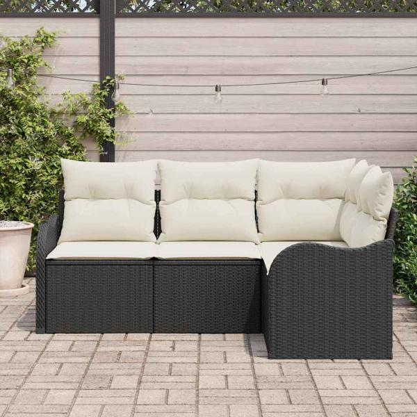 4-teiliges Garten Sofa Set mit Kissen Schwarz Poly Rattan, 2-Sitzer Garten Sofa mit Kissen Schwarz Poly Rattan