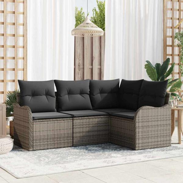 ARDEBO.de - 4-teiliges Garten-Sofa-Set mit Kissen Grau Poly-Rattan, 2-Sitzer Garten-Sofa mit Kissen Grau Poly-Rattan