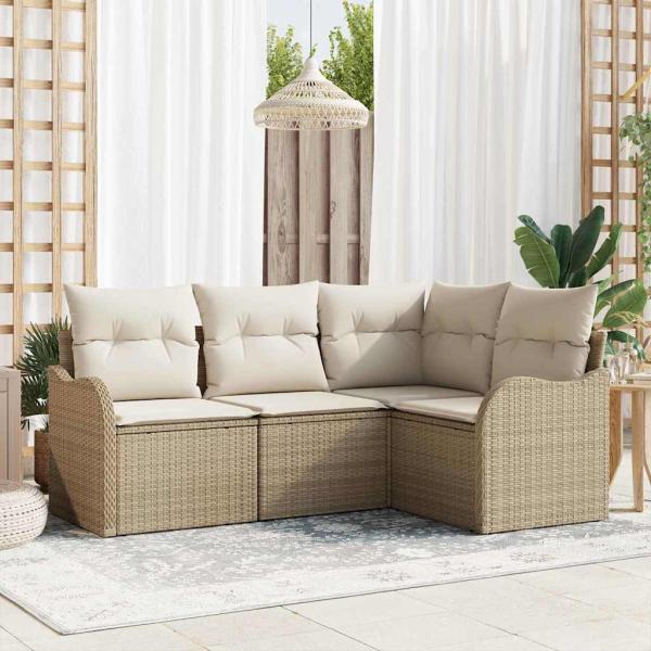 ARDEBO.de - 4-teiliges Garten Sofa Set mit Kissen Beige Poly Rattan, 2-Sitzer Garten Sofa mit Kissen Beige Poly Rattan