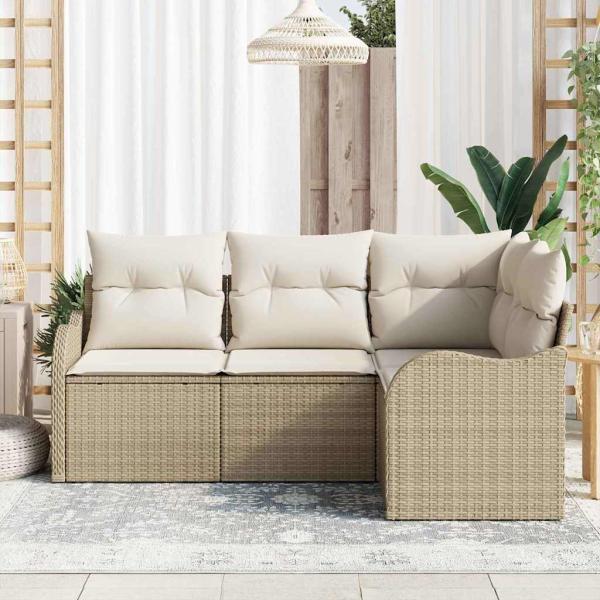 4-teiliges Garten Sofa Set mit Kissen Beige Poly Rattan, 2-Sitzer Garten Sofa mit Kissen Beige Poly Rattan