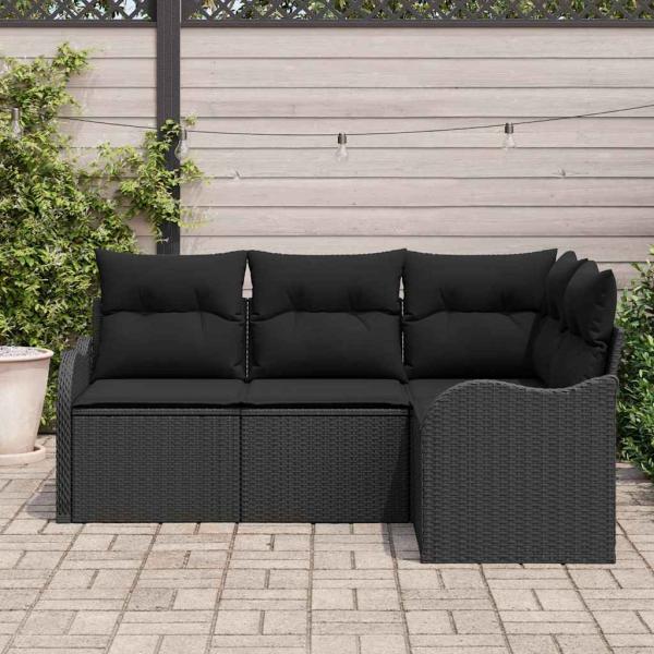 4-teilige Garten Sofaset mit Kissen Schwarz Poly Rattan, 2-Sitzer Garten Sofa mit Kissen Schwarz Poly Rattan