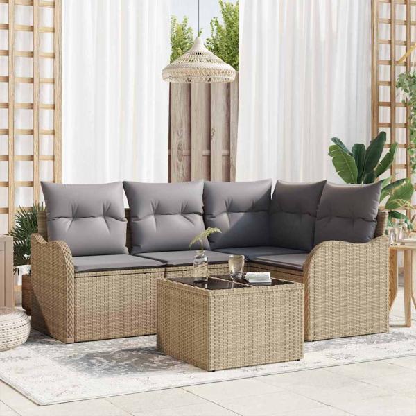 ARDEBO.de - 5-teiliges Garten-Sofa-Set mit Kissen Schwarzes Poly-Rattan, 2-Sitzer Garten-Sofa mit Kissen Beiges Poly-Rattan