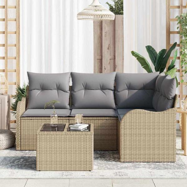5-teiliges Garten-Sofa-Set mit Kissen Schwarzes Poly-Rattan, 2-Sitzer Garten-Sofa mit Kissen Beiges Poly-Rattan