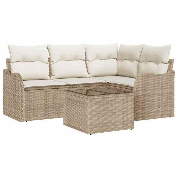 5-teiliges Garten Sofa Set mit Kissen Braunes Poly Rattan, 2-Sitzer Garten Sofa mit Kissen Beiges Poly Rattan