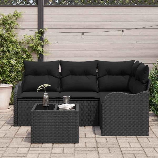 5-teiliges Garten Sofa Set mit Kissen Beige Poly Rattan, 2-Sitzer Garten Sofa mit Kissen Schwarz Poly Rattan