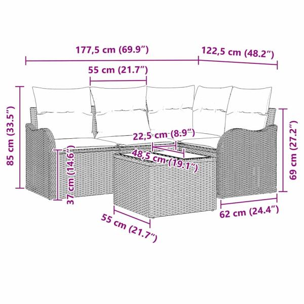 5-teiliges Garten Sofa Set mit Kissen Beige Poly Rattan, 2-Sitzer Garten Sofa mit Kissen Schwarz Poly Rattan
