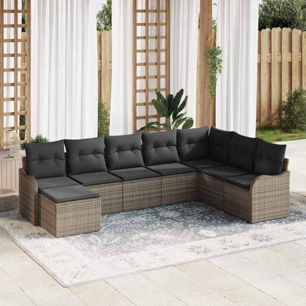 ARDEBO.de - 8-teiliges Garten Sofa Set mit Kissen Grau Poly Rattan, 2-Sitzer Garten Sofa mit Kissen Grau Poly Rattan