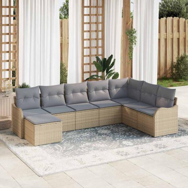 ARDEBO.de - 8-teiliges Garten Sofa Set mit Kissen Beige Poly Rattan, 2-Sitzer Garten Sofa mit Kissen Beige Poly Rattan