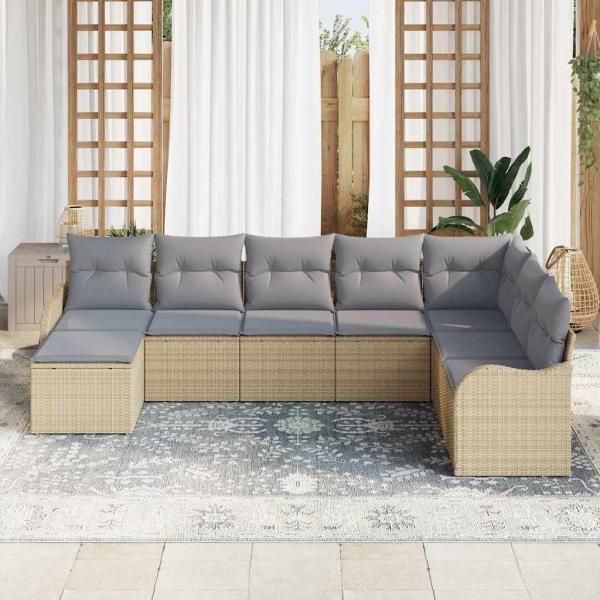 8-teiliges Garten Sofa Set mit Kissen Beige Poly Rattan, 2-Sitzer Garten Sofa mit Kissen Beige Poly Rattan