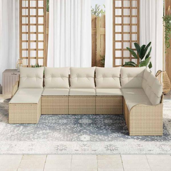 8-teiliges Garten-Sofa-Set mit Kissen in Beige, Poly Rattan, 2-Sitzer Garten-Sofa mit Kissen in Beige, Poly Rattan