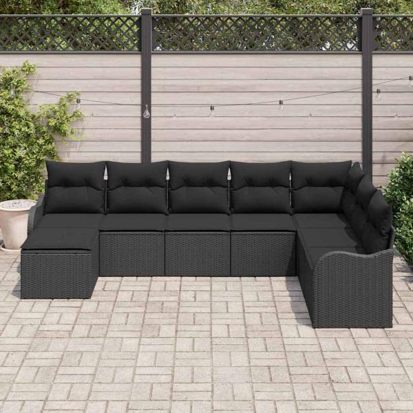 8-teiliges Garten Sofa Set mit Kissen Schwarz Poly Rattan, 2-Sitzer Garten Sofa mit Kissen Schwarz Poly Rattan