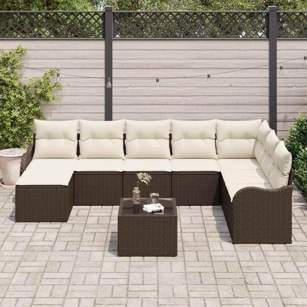 8-teiliges Garten Sofa Set mit Kissen Grau Poly Rattan, 2-Sitzer Garten Sofa mit Kissen Braun Poly Rattan